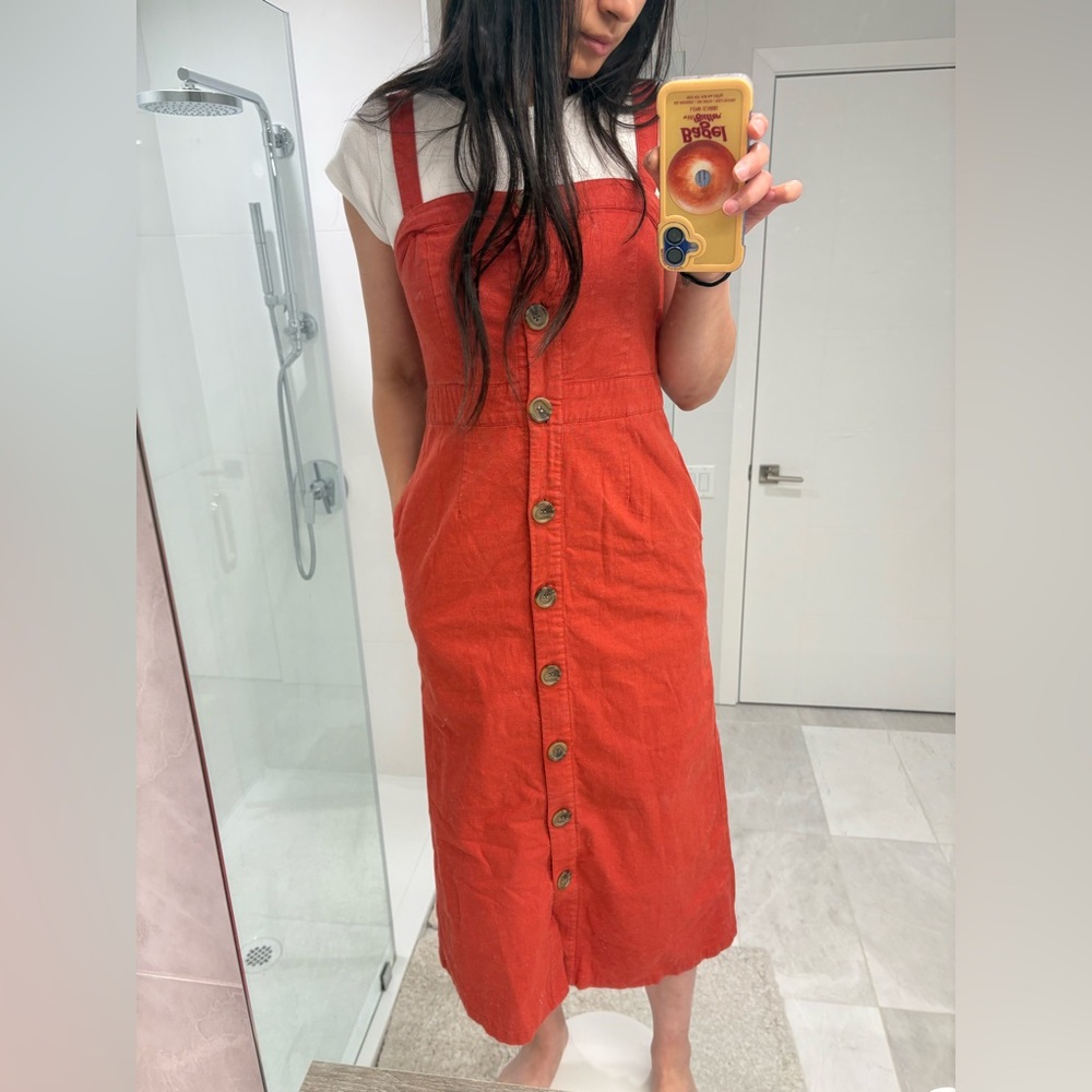 Japanese brand linen Red Button-Down Midi Dress